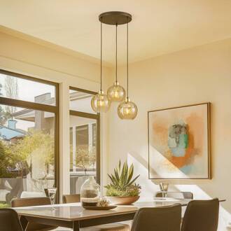 Hanglamp Devi, amber, 3-lamps, rond zwart, goud, amber