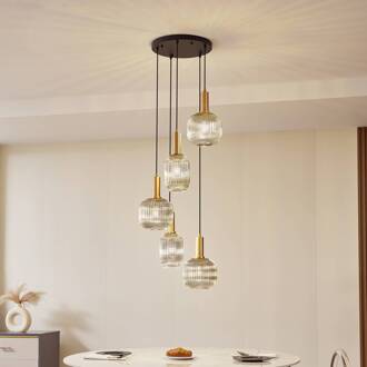 hanglamp Doroteo, 5-lamps, grijs, glas rookgrijs