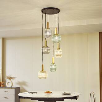 hanglamp Doroteo, 6-lamps, groen/amber/grijs, glas rokerig grijs