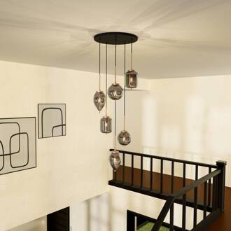 hanglamp Elani, 6-lamps, Ø 62 cm, glas zwart, goud