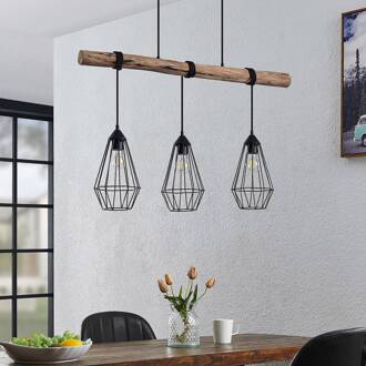 hanglamp Eldarion, 90 cm, 3-lamps, hout, E27 matzwart, licht hout