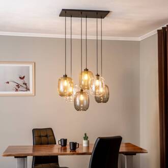 Hanglamp Elio, glas, bruin/helder/grijs, rechthoek 6-lamps helder, bruin-transparant, grafietgrijs-transparant. zwart