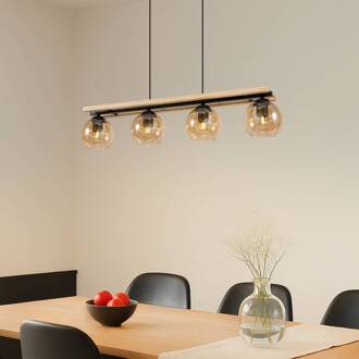 hanglamp Enrique, amber, 4-lamps, glas, hout, E27 amber, zwart, licht eiken