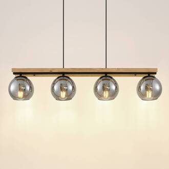 hanglamp Enrique, rookgrijs, 4-lamps, glas, E27 rookgrijs, licht eiken, zwart