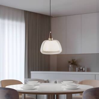 Hanglamp Ermo, kleur antiek messing, Ø 30 cm, glas/metaal helder, opaal, antiek messing, donker hout