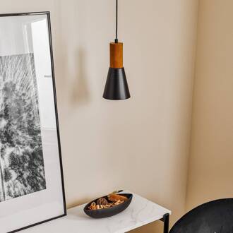 Hanglamp Esma, zwart, houtdetail, 1-lamp zwart, naturel hout
