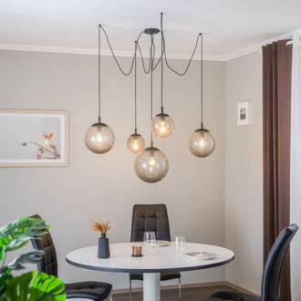 Hanglamp Esme, glas, grafiet-transparant, 5-lamps, decentraal grafiet grijs-transparant, zwart