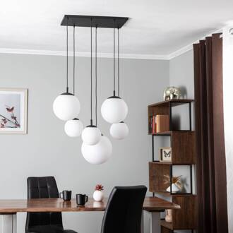Hanglamp Esme, opaalglas, 6-lamps, rechthoekig opaalwit, zwart