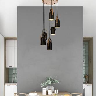 Hanglamp Esra, zwart, Ø 40 cm, metaal, 6-lamps zwart, goud antiek