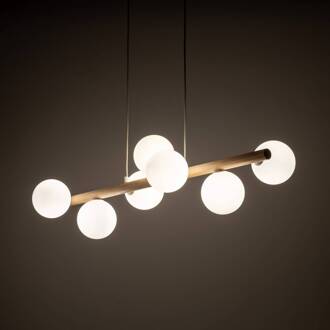 Hanglamp Estera, opaalglas, hout, 7-lamps licht hout, opaal wit, wit