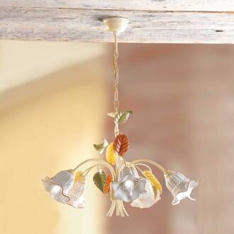 Hanglamp Flora in Florentijnse stijl, 5-lichts crème, wit, rood, bont