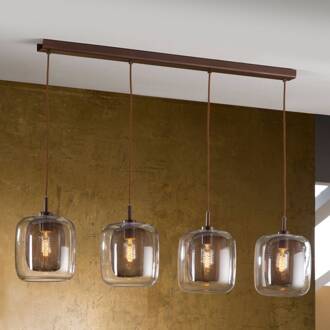 Hanglamp Fox, 4-lamps, dubbele kappen, glas chocoladebruin, transparant