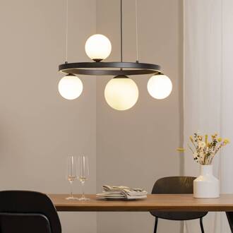 Hanglamp Garda 4, rond, metaal, glas, 4-lamps, zwart zwart, wit mat