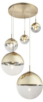 Hanglamp glas 5 bollen 'Varus' metaal goud - doorzichtig glas