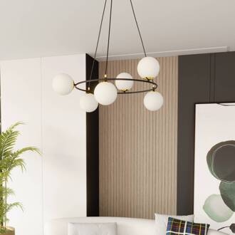 Hanglamp Glassy 6-lamps, rond, glas opaal zwart, wit opaal