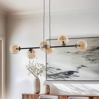 Hanglamp Glassy, 6-lamps, zwart, amber, glas, 110 cm