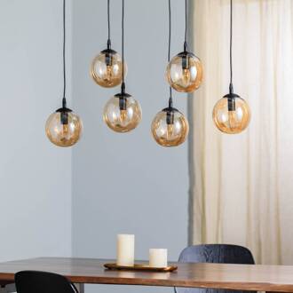 Hanglamp Glassy, 6-lamps, zwart, amber, glas, 75 cm