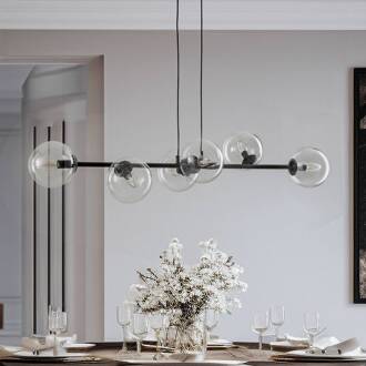 Hanglamp Glassy, 6-lamps, zwart, helder, glas, 110 cm