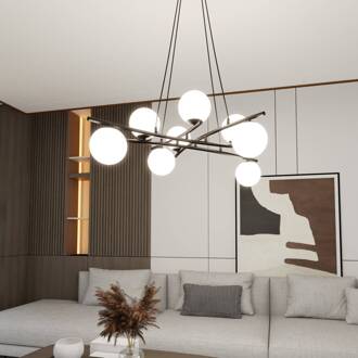 Hanglamp Glassy, gekruist, 8-lamps, glas opaal zwart, wit opaal