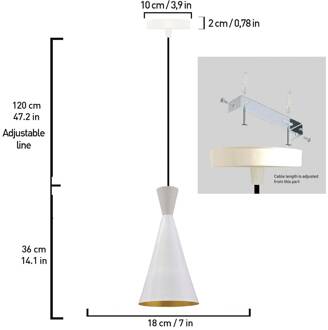 Hanglamp Glenora, wit, Ø 18 cm, metaal, E27 wit, goud