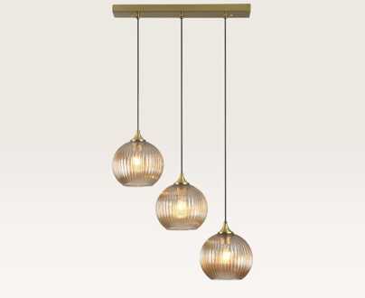 Hanglamp Globo ambra III - Drie bollen van geribbeld amberkleurig glas in verschillende vormen, met een speels effect - Zonder lichtbron Goud