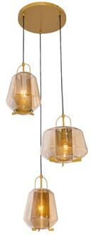 Hanglamp goud amber glas rond 3-lichts - Kevin