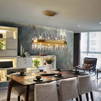 Hanglamp Grace, ijzer, glas, ovaal, 20 lampjes goud, helder