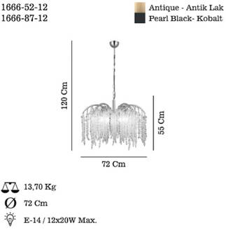 Hanglamp Grape, antiek messing, Ø 72 cm metaal/glas 12-lamps. antiek messing, helder