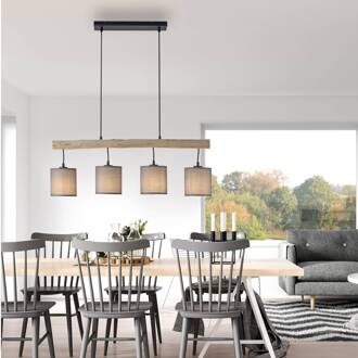 Hanglamp Green Tribu, papieren kappen, 4-lamps zwart, licht hout, grijsbruin