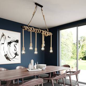 hanglamp Hajo, 100 cm, 6-lamps, touwpendel zwart goud geborsteld