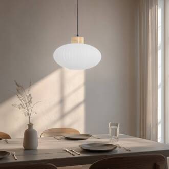 Hanglamp Harmony, Ø 25 cm, wit/eiken, glas/hout Wit, eikenhout