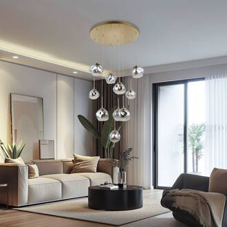 Hanglamp Herman, 10-lamps, goudkleurig, Ø 66 cm, glas rookgrijs, goud