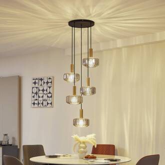 hanglamp Hildur, 5-lamps, rookgrijs, glas rookgrijs, messing