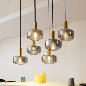 hanglamp Hildur, 6-lamps, rookgrijs, glas rookgrijs, messing