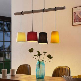 hanglamp Hinai, zwart/rood/geel, textiel, 116cm Licht hout, zwart, geel, rood