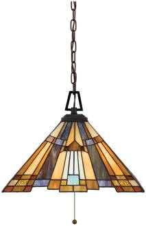 Hanglamp Inglenook, Tiffany-stijl kettingophanging brons, crème, amber, bruin, blauw, groen
