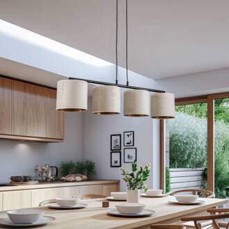 Hanglamp Jari stoffen kap 4-lamps lang, wit-goud wit, goud, zwart