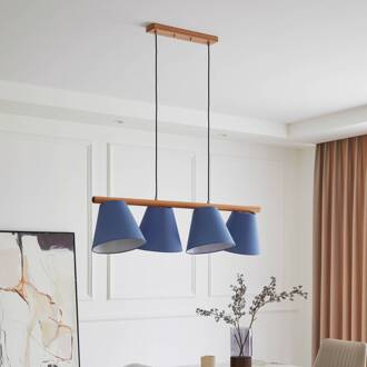 hanglamp Jinda, blauw, hout, stof, 120 cm, E27 blauw, donker eiken