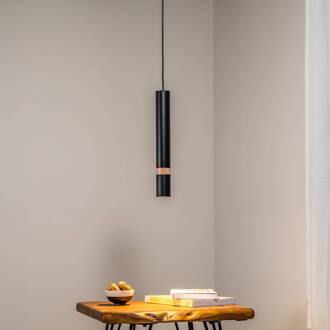Hanglamp Joker, zwart/hout, 1-lamp zwart, licht hout
