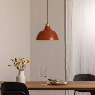 hanglamp Kaitt, baksteenrood, Ø 34 cm, houten detail baksteenrood, licht hout