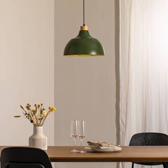 hanglamp Kaitt, donkergroen, Ø 34 cm, houten detail donkergroen, licht hout