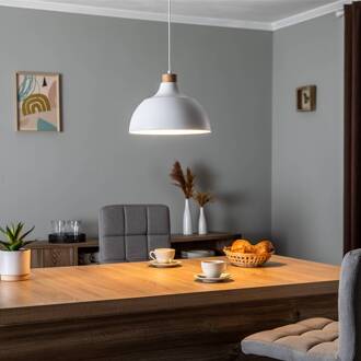 hanglamp Kaitt, wit, Ø 34 cm, houten detail wit, licht hout