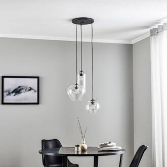 Hanglamp Kaja 3-lamps, glazen kap helder transparant, zwart