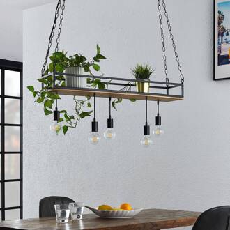 Hanglamp Kirista, 5-lamps, zwart, hout, 100 cm zwart, donker den
