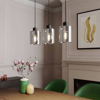 hanglamp Kourtney, 3-lamps, zwart/grijs, glas, E27 zwart, rookgrijs