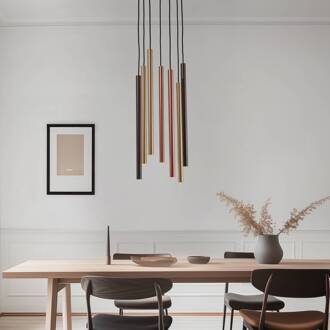 Hanglamp Laser, 7-lamps, Ø 30 cm, bont, metaal, G9 goud, koper, bruin