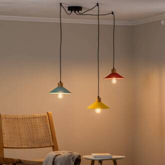 Hanglamp Manavgat N-553 3-lamps geel/blauw/rood geel, blauw, rood, licht hout
