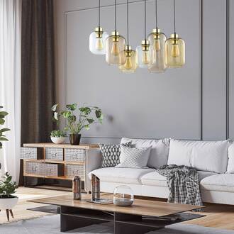 Hanglamp Marco Brown, 6-lamps, helder/bruin zwart, goud, helder, honing, bruin