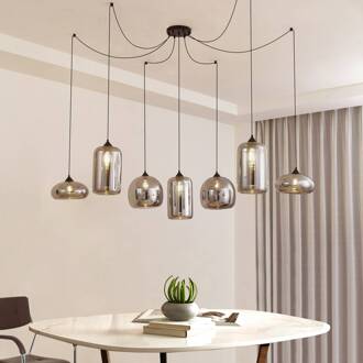 hanglamp Marla, 7-lamps, glas, rookgrijs, 128cm zwart, rookgrijs