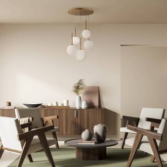 Hanglamp Maytoni Basic vorm, goud, Ø 58 cm 5-lamps, glas goud, opaalwit